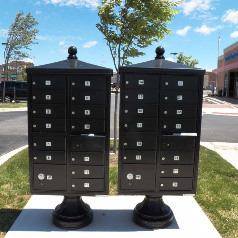 Centralized Delivery CBU Cluster Mailboxes twin cluster mailboxes next to shopping center