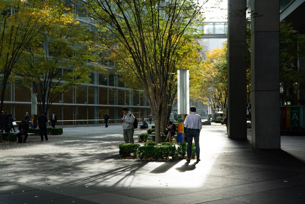 people standing between buildings under trees