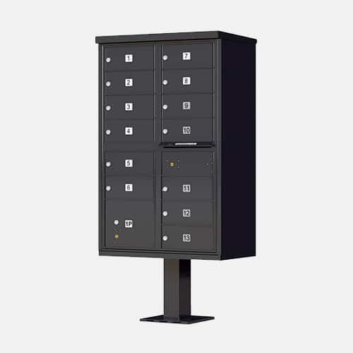 Cluster Mailbox and Parcel Unit for apartment complexes, communities and residential centers. Brandon Industries model CBU-1570-13 comes with 13 tenant boxes and 1 parcel unit.