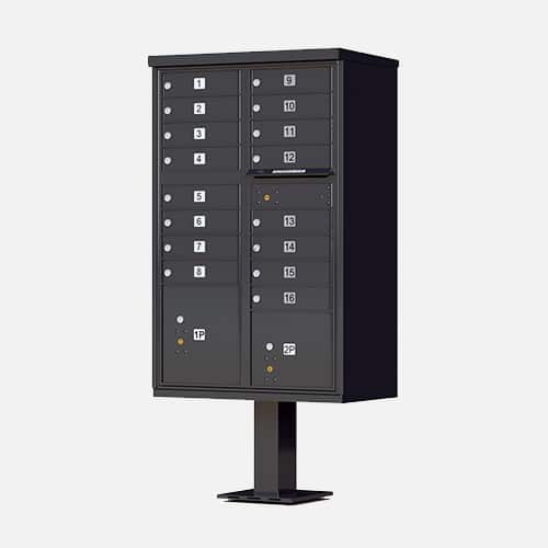 Cluster Mailbox and Parcel Unit for apartment complexes, communities and residential centers. Brandon Industries model CBU-1570-16 comes with 16 tenant boxes and 2 parcel units.