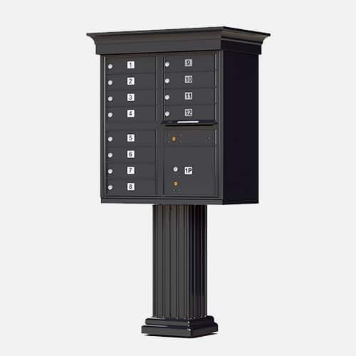 Decorative classic style cluster mailbox and parcel unit for apartment complexes, communities and residential centers. Brandon Industries model CBU-CL-1570-12 comes with 12 tenant boxes and 1 parcel unit.