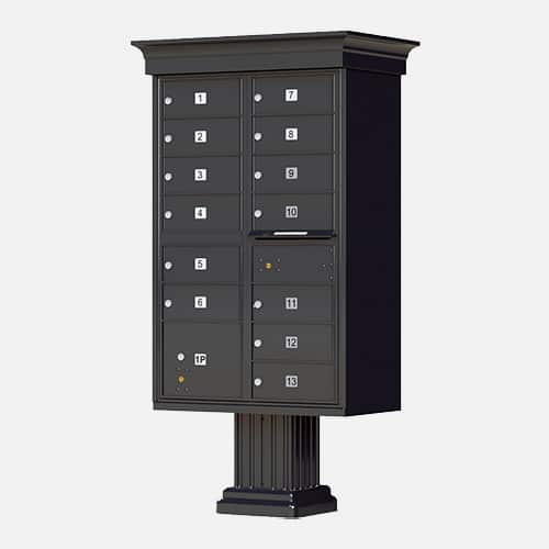 Decorative classic style cluster mailbox and parcel unit for apartment complexes, communities and residential centers. Brandon Industries model CBU-CL-1570-13 comes with 13 tenant boxes and 1 parcel unit.