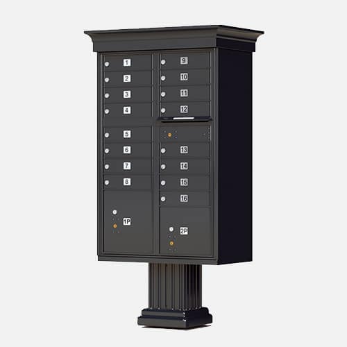 Decorative classic style cluster mailbox and parcel unit for apartment complexes, communities and residential centers. Brandon Industries model CBU-CL-1570-16 comes with 16 tenant boxes and 2 parcel units.