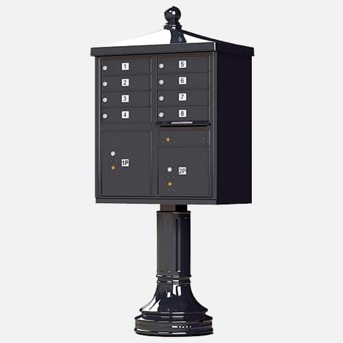 Traditional style cluster mailbox and parcel unit with finial for apartment complexes, communities and residential centers. Brandon Industries model CBU-TR-08 comes with 8 tenant boxes and 2 parcel units.