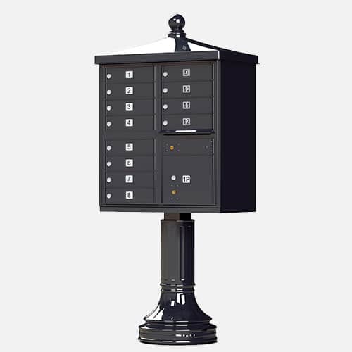 Traditional style cluster mailbox and parcel unit with finial for apartment complexes, communities and residential centers. Brandon Industries model CBU-TR-12 comes with 12 tenant boxes and 1 parcel unit.