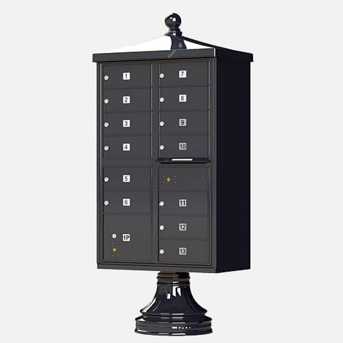 Traditional style cluster mailbox and parcel unit with finial for apartment complexes, communities and residential centers. Brandon Industries model CBU-TR-13 comes with 13 tenant boxes and 1 parcel unit.