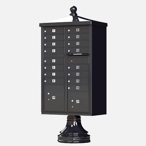 Traditional style cluster mailbox and parcel unit with finial for apartment complexes, communities and residential centers. Brandon Industries model CBU-TR-16 comes with 16 tenant boxes and 2 parcel units.