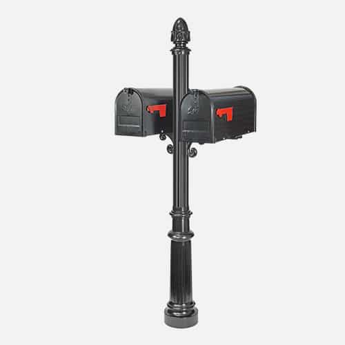 Dual steel mailbox unit on round pole with decorative brackets and acorn finial. Brandon Industries model DAC36-2933-9X.