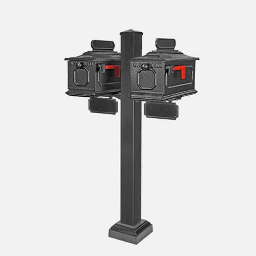 Dual cast aluminum mailbox unit on square pole with address plaques and end cap finial. Brandon Industries model DEQ46-ANQ4-1X.