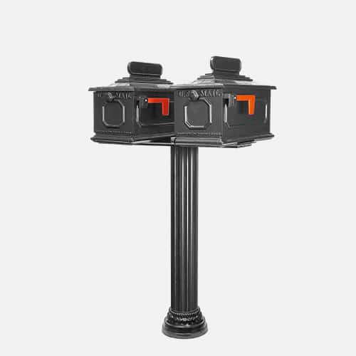 Dual cast aluminum top mount mailbox unit on round pole with address plaques. Brandon Industries model DXF54-2415-1X.