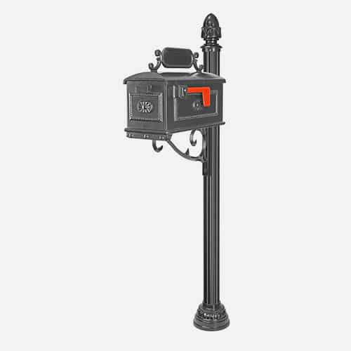 Dual cast aluminum mailbox unit on round pole with decorative brackets and address plaques. Brandon Industries model FAC36-2123-CX.