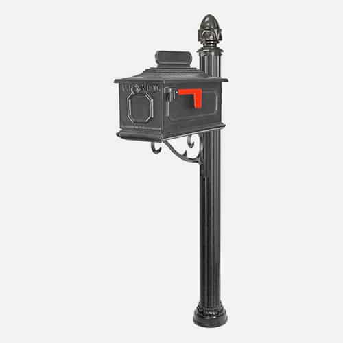 Single cast aluminum mailbox unit on round pole with decorative bracket, address plaque and acorn finial. Brandon Industries model FAC46-2124-1X.