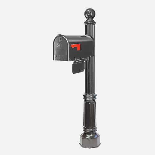 Single steel mailbox unit on round pole with address plaque and round ball finial. Brandon Industries model FBC46-AMP4-9.