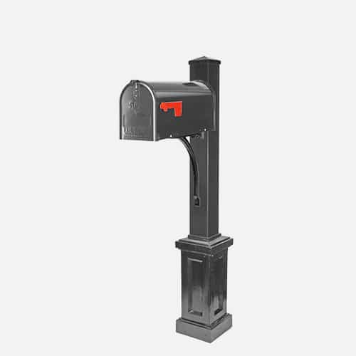 Single steel mailbox unit on square pole with end cap finial. Brandon Industries model FEQ46-AMQ4-9X.