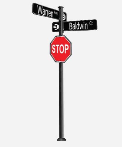 The SPQ3-1A is a street sign-stop sign combo on a 3" square pole with an end cap finial and a base.