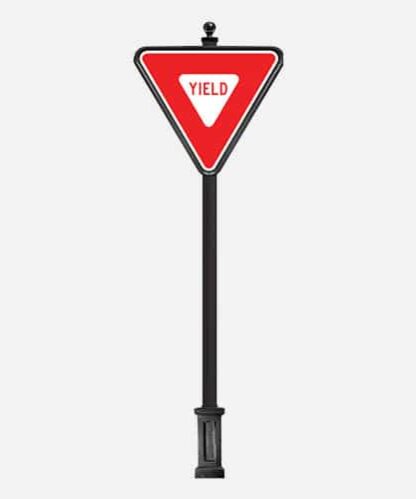 The SPQ4-4A is a yield street sign on a 4" square pole with a ball finial and a base.