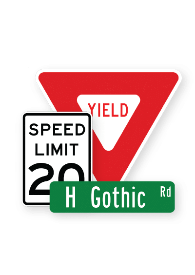 red and white yield sign with speed limit and green street sign