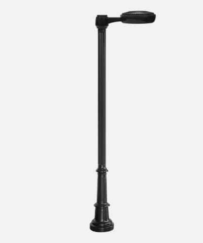 Contemporary urban LED street light on a fluted pole with decorative base unit and luminaire extended on short arm. Brandon Industries model CL1-H-02.
