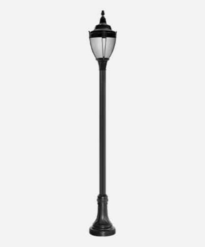 Vintage post top community LED street light on a fluted pole with decorative base unit and ornate acorn finial. Brandon Industries model CL6-AGA1A.