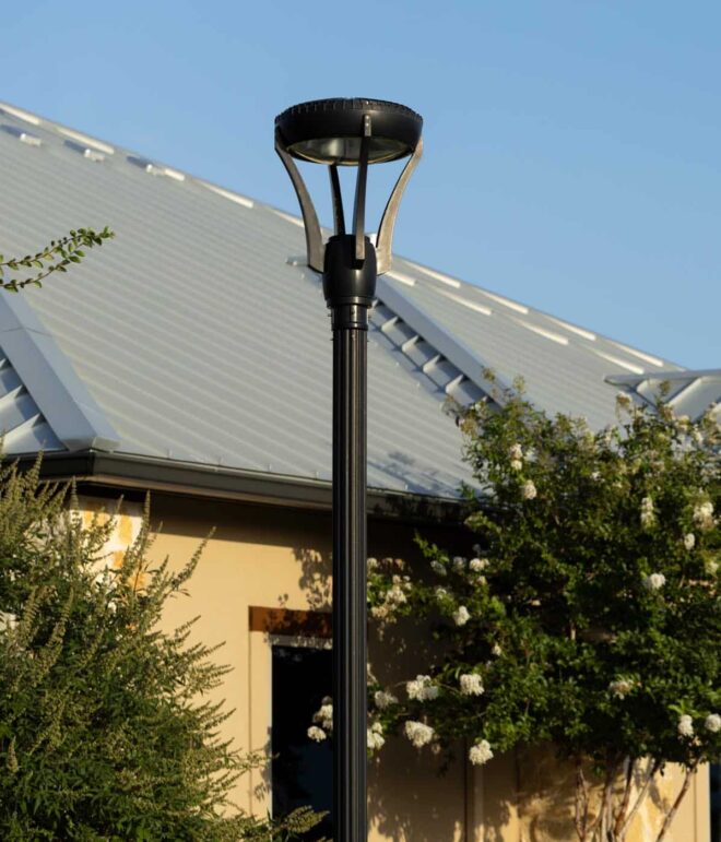 Modern lamp post, H-01 Series, in front of TruVet Hospital.