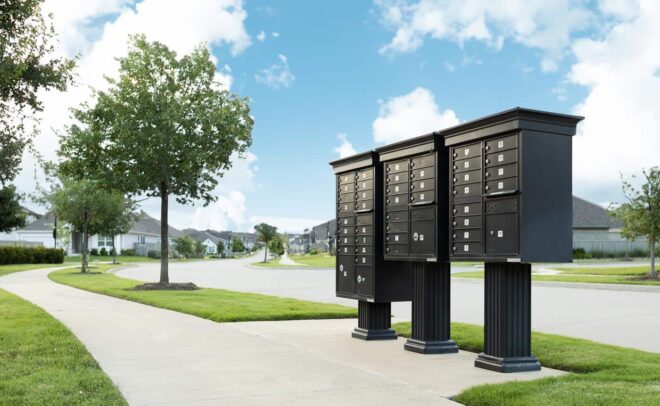 Three cluster box units in a residential community.