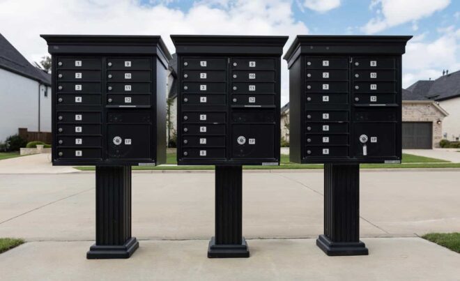 Group of classic cluster box units, Type 2, in a residential setting.