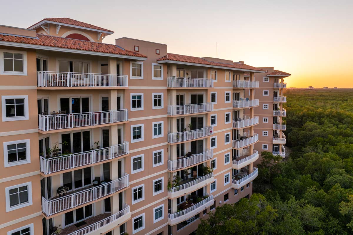 An aerial view of an apartment building