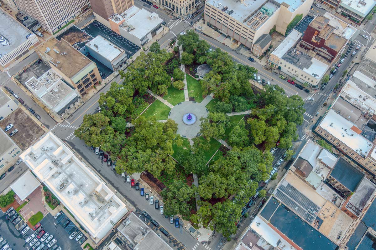 Elevate city center property values with streetscape upgrades A lush, green park in the middle of a city