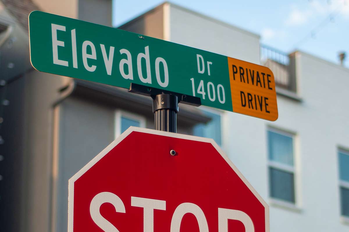 Street and directional signs for urban centers A close-up photo of a street sign