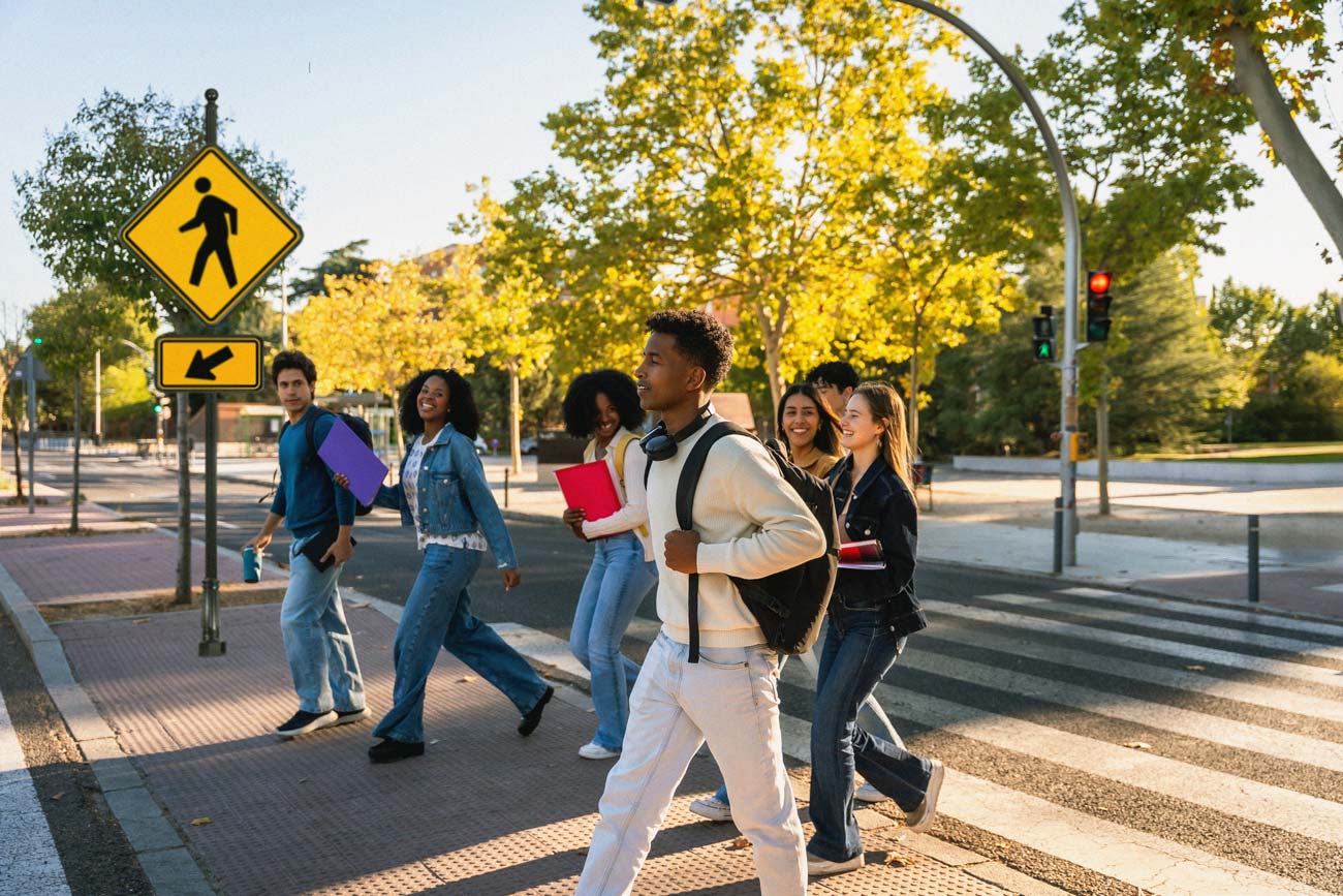 Students cross a street with a pedestrian crossing sign visible in the background
