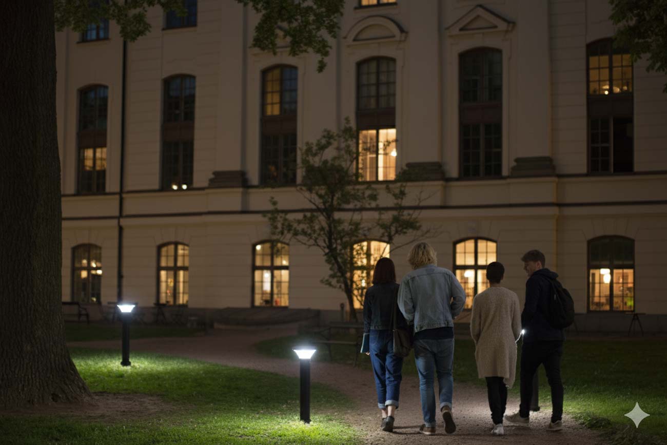 Students walking along a campus path lit by bollard lighting
