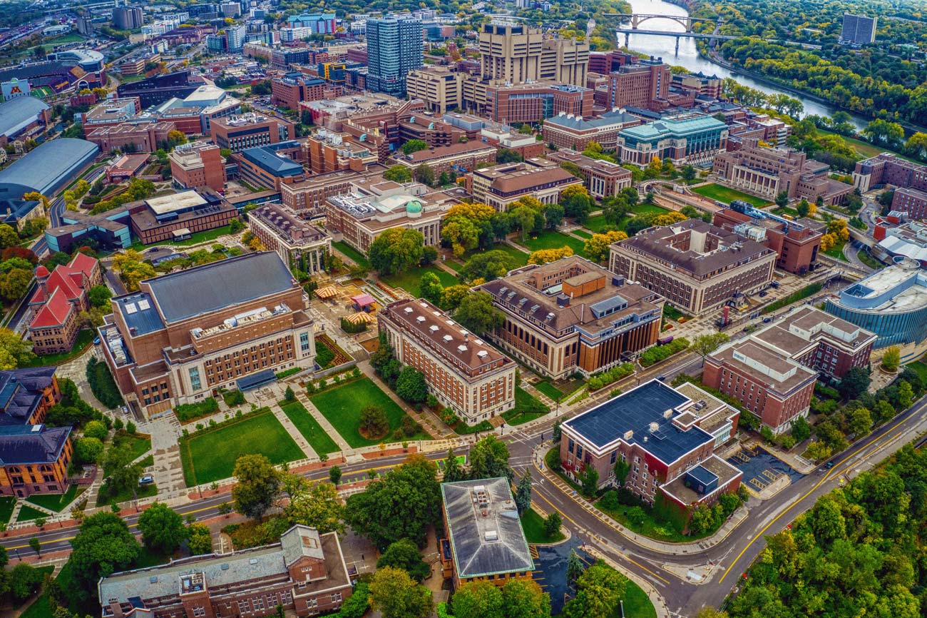 An overhead photo of an academic campus