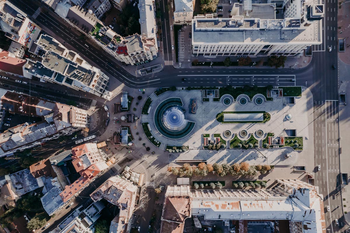 An overhead photo of a city square