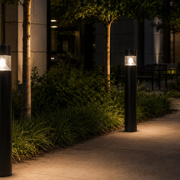 Lit bollards line a pedestrian walkway, illuminating it after dark