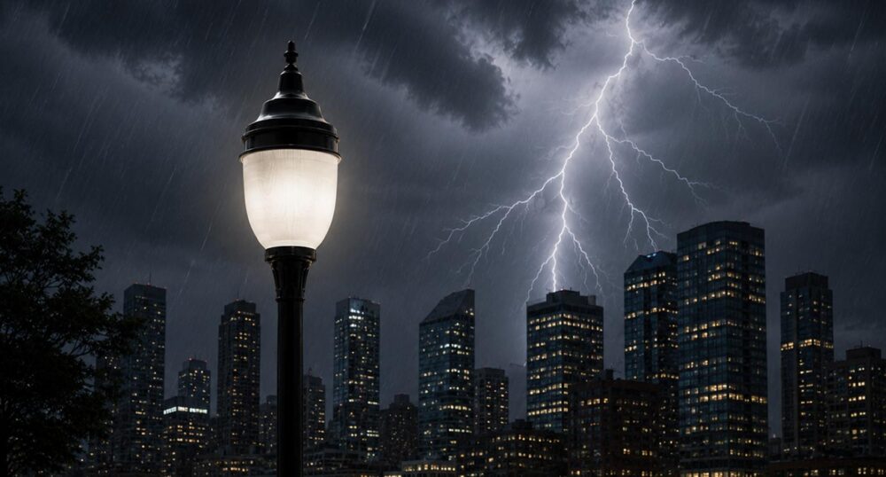 Extreme Weather and Streetscapes: Engineering Lighting, Signs, and Fixtures to Withstand Nature’s Fury A city streetlamp shining during a thunderstorm