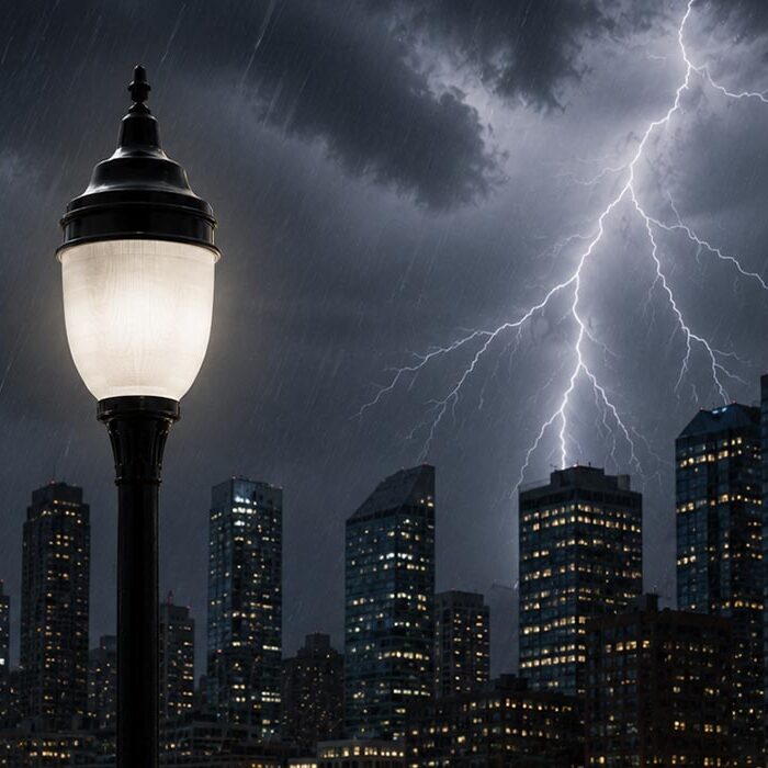 Extreme Weather and Streetscapes: Engineering Lighting, Signs, and Fixtures to Withstand Nature’s Fury A city streetlamp shining during a thunderstorm