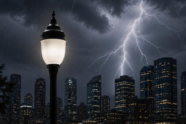 Extreme Weather and Streetscapes: Engineering Lighting, Signs, and Fixtures to Withstand Nature’s Fury A city streetlamp shining during a thunderstorm