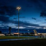 A C.U. Phosco high mast luminaire stands at Farnborough airport