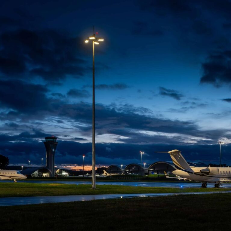 A C.U. Phosco high mast luminaire stands at Farnborough airport