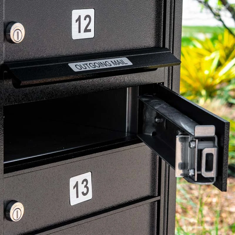 Close-up photo of a standard cluster box unit with an open mailbox door