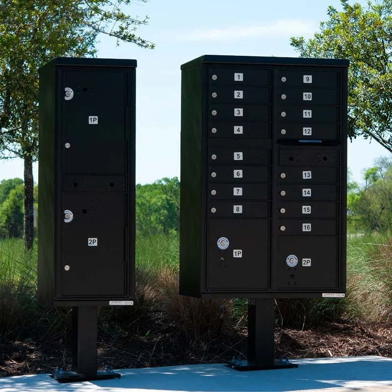 A standard cluster box unit and parcel locker in a neighborhood