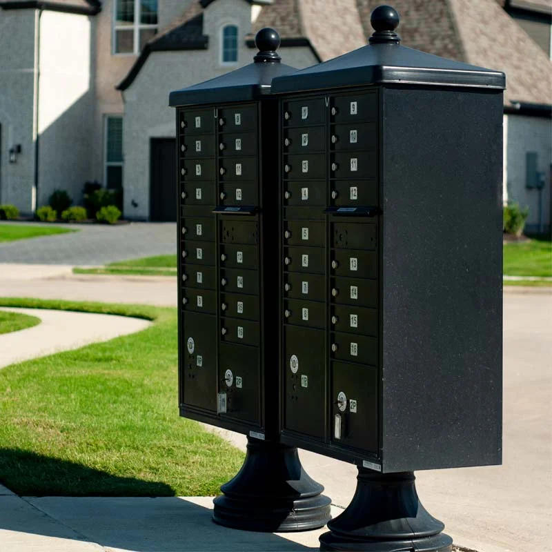 Two traditional cluster box units in a neighborhood
