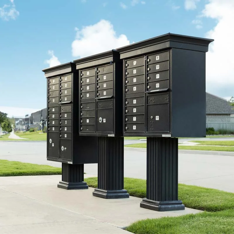 Three classic cluster mailbox units in a neighborhood