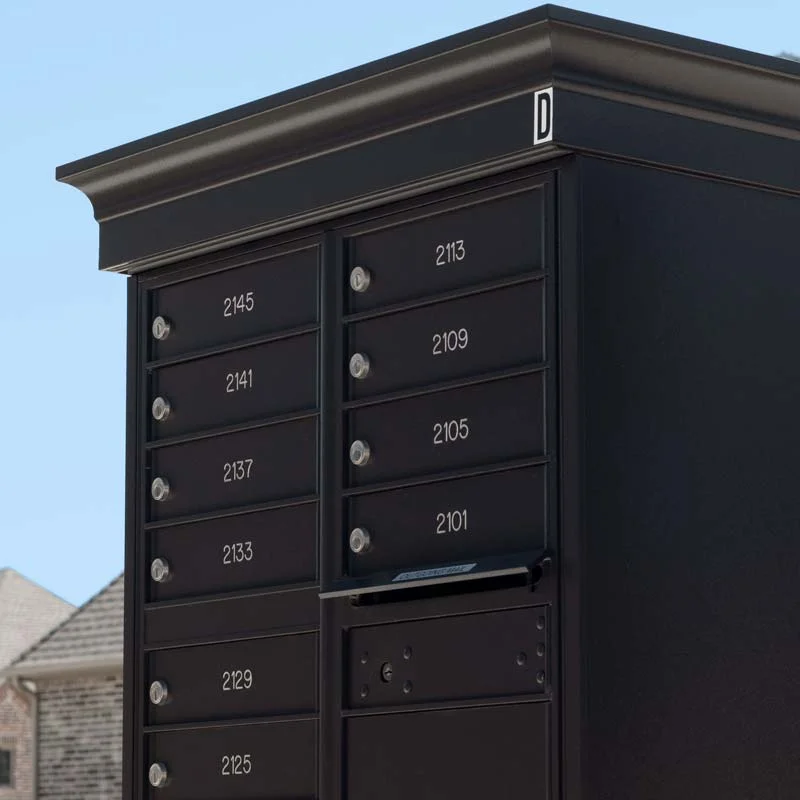 Close-up photo of a classic cluster box mail unit